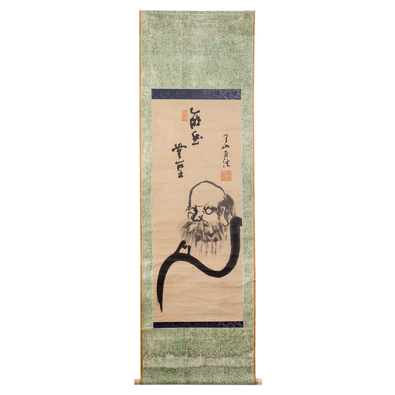 Japanese Scroll With Daruma and Calligraphy