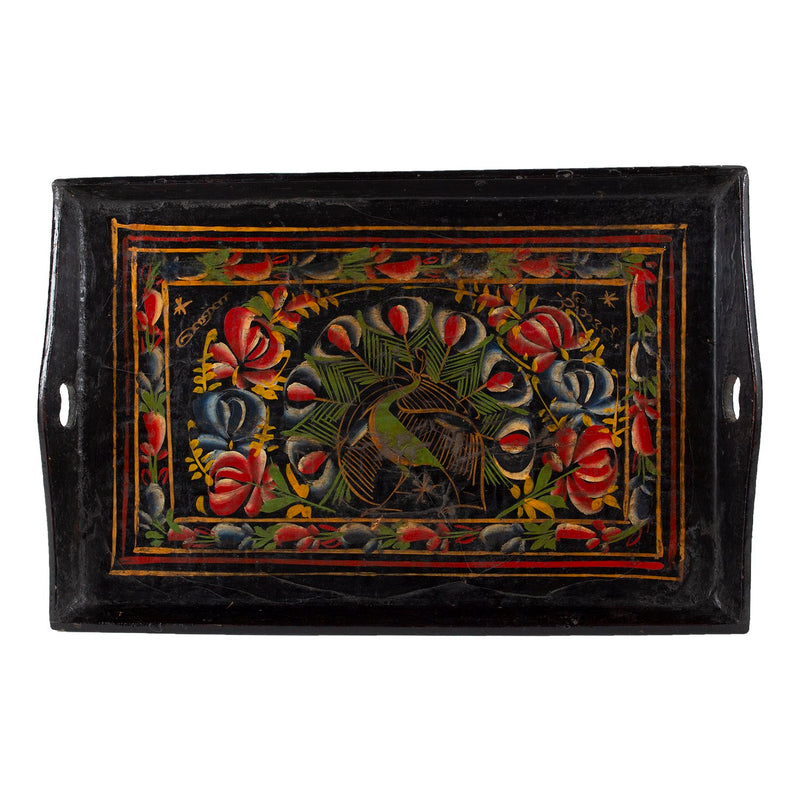 Black lacquerware tray with colorful painted peacock and flowers
