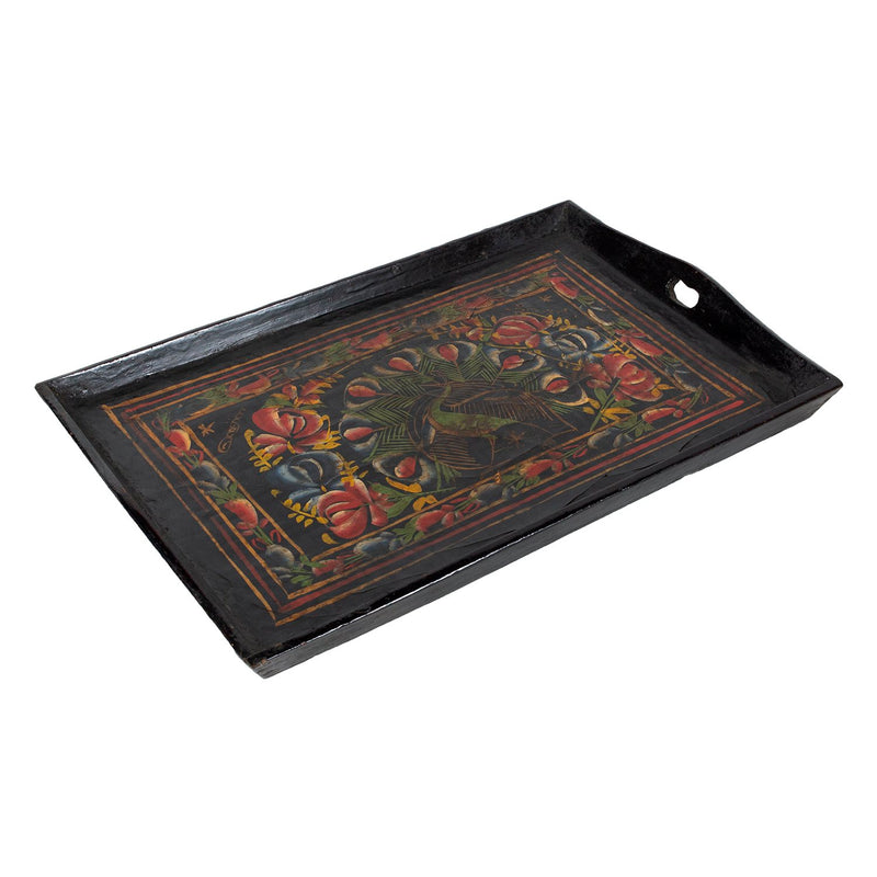 Black lacquerware tray with colorful painted peacock and flowers
