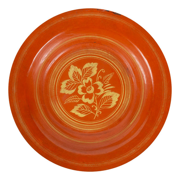 Red lacquerware dish with yellow painted flower