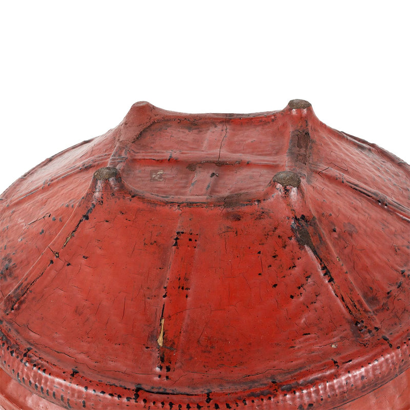 Round red offering basket with lid, close up