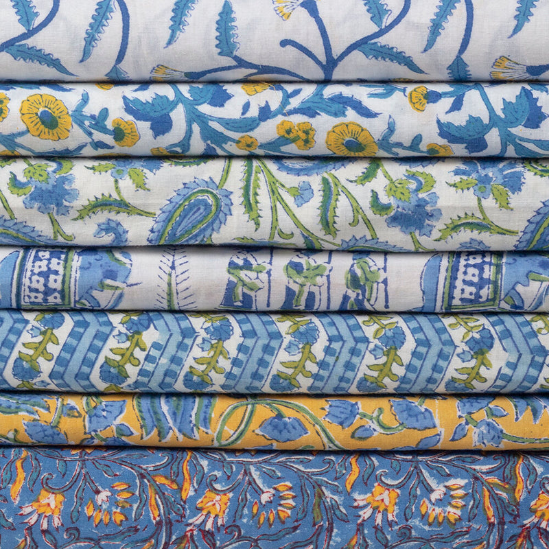 Moghul Blockprint Fabric, Blue/Yellow Patterns