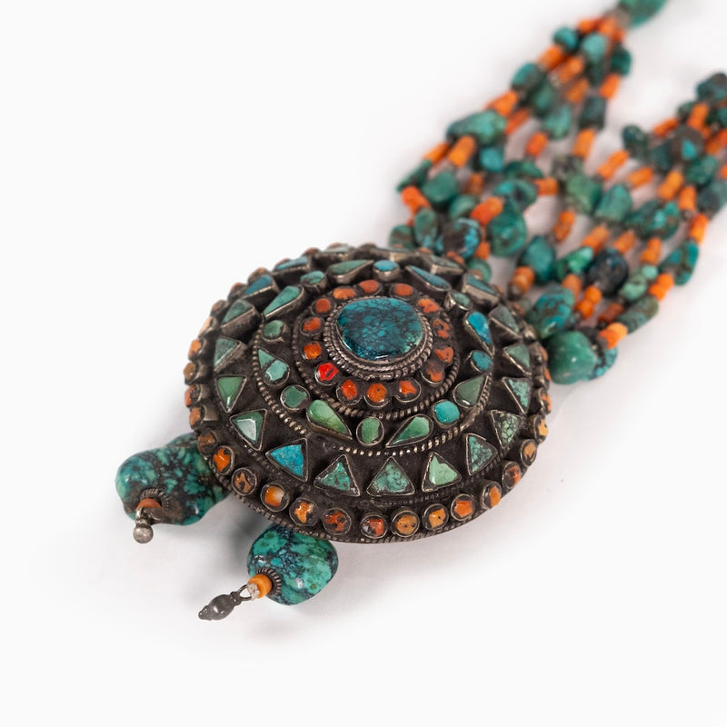 Antique Handmade Nepali Tibetan Turquoise and Coral Necklace