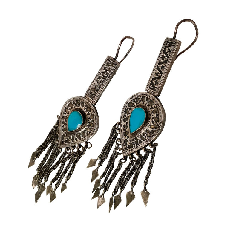 Turkmen Silver and Turquoise Fringe Earrings