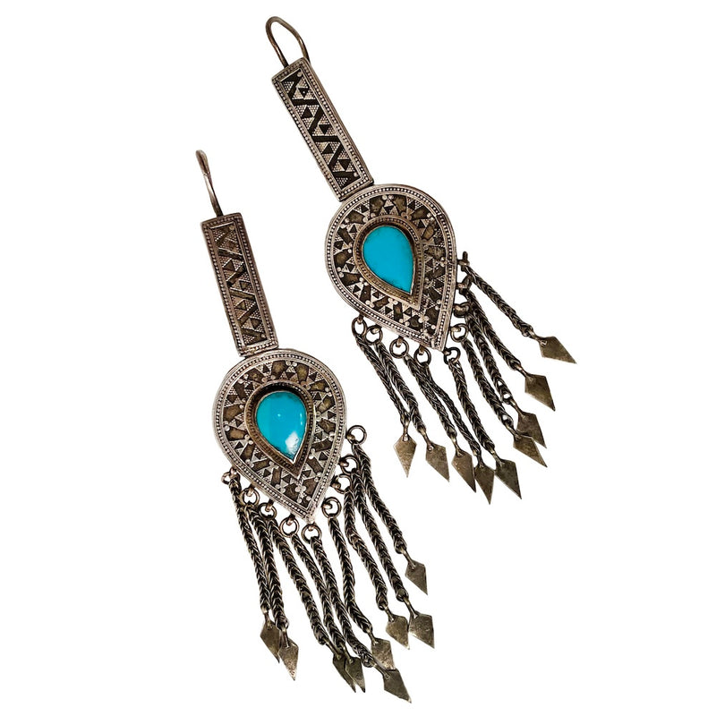 Turkmen Silver and Turquoise Fringe Earrings