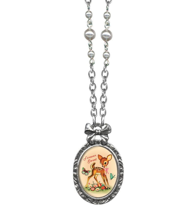 Forever Sweet Victorian Oval Bow Frame Necklace: Long Silver Chain