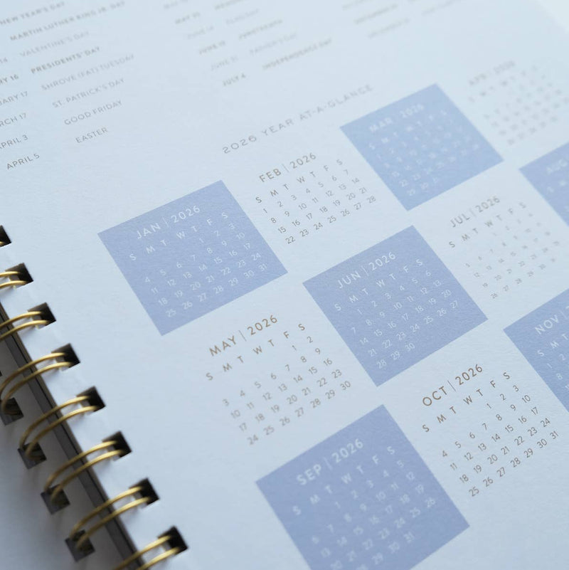 Calendar page from a planner with blue square blocks for each month.