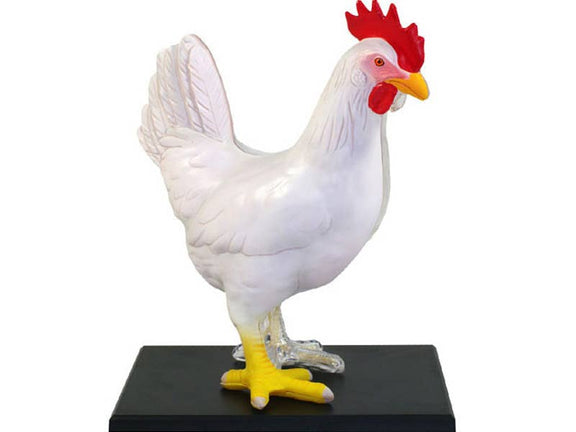 White rooster figurine with red comb on a black base against a white background