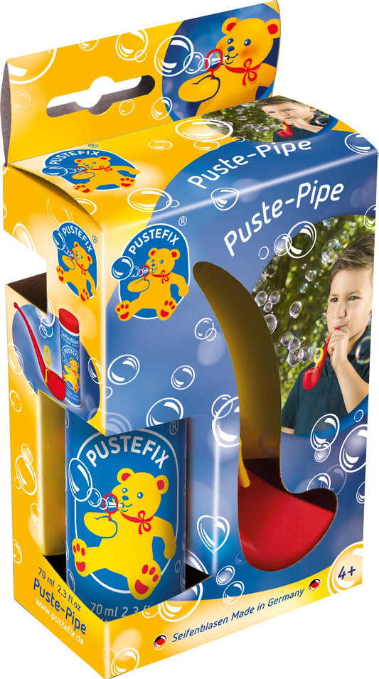 Packaging of Pustefix Puste-Pipe with a child using the product.