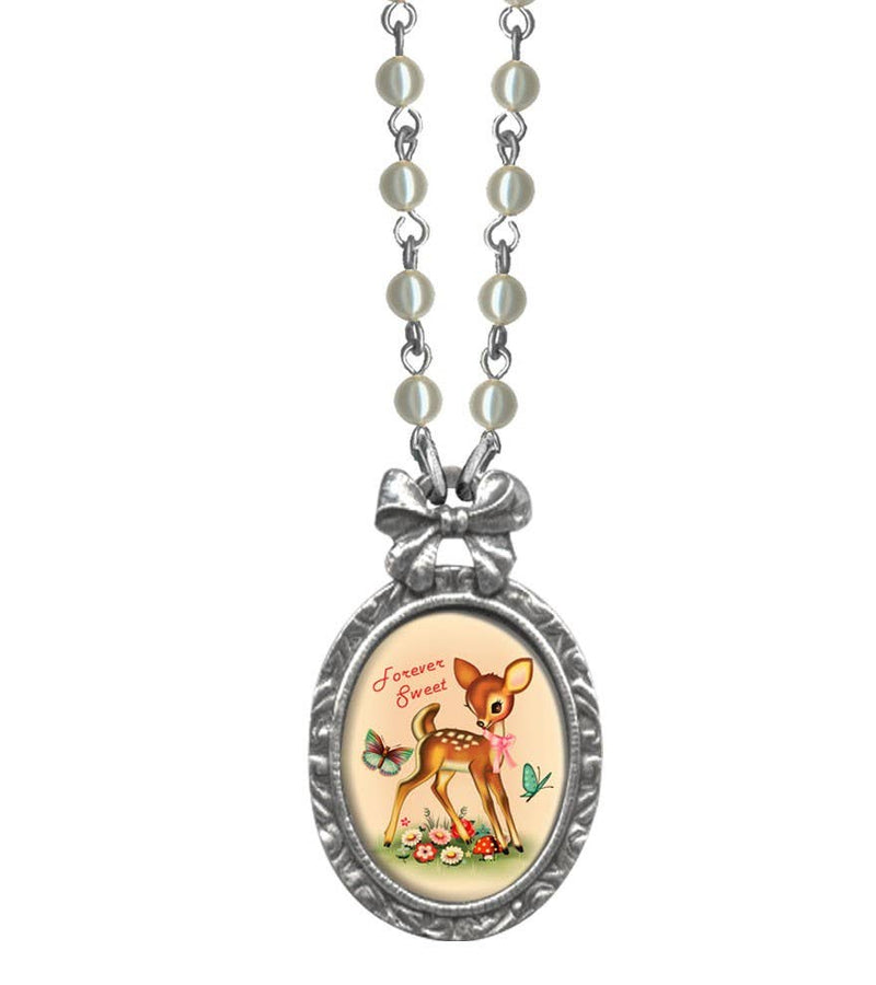 Forever Sweet Victorian Oval Bow Frame Necklace: Long Silver Chain