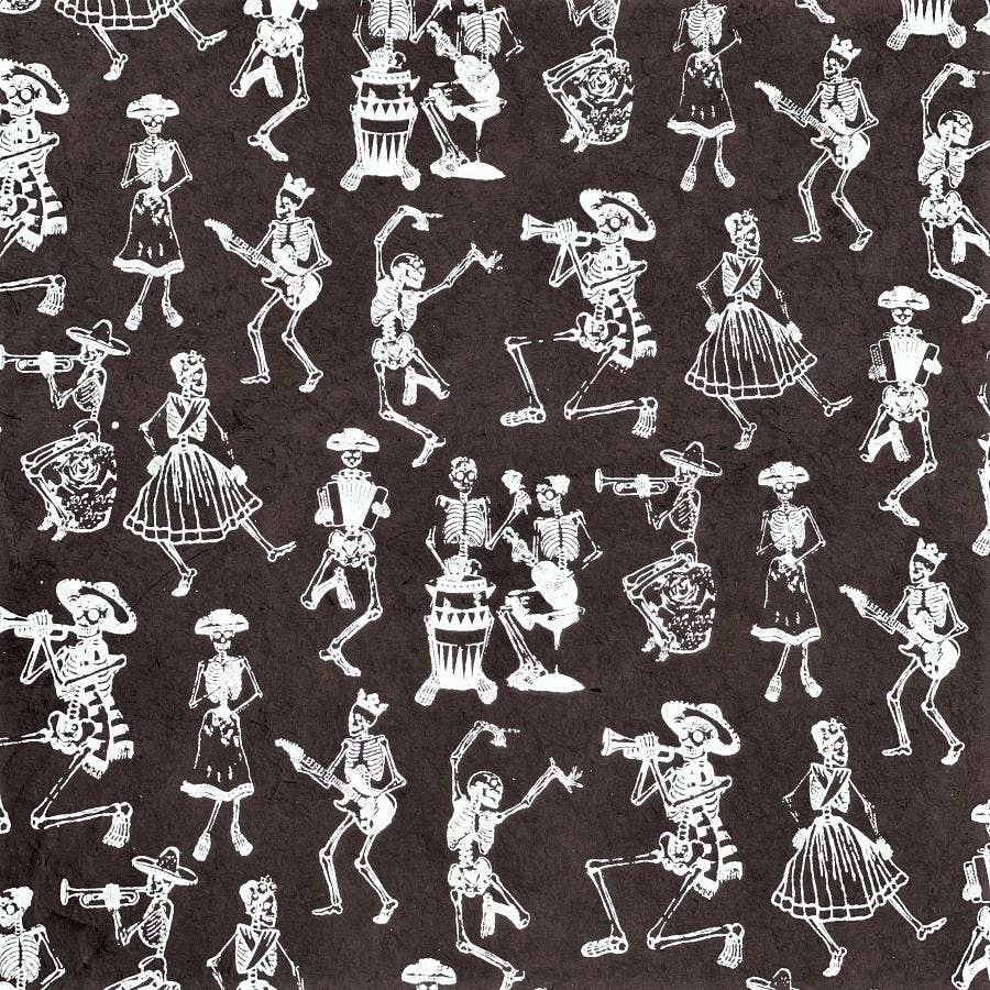 Dancing skeletons paper, silver on black