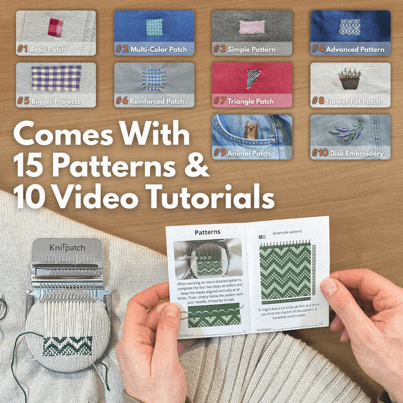 Knitting machine with pattern book and text 'Comes With 15 Patterns & 10 Video Tutorials' on a wooden surface.