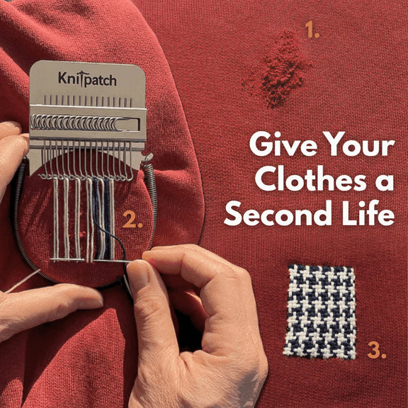 Knitpatch tool being used on a red garment with text 'Give Your Clothes a Second Life'.