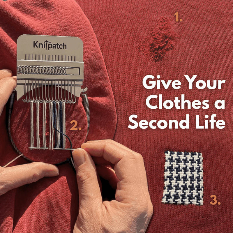 Knitpatch tool being used on a red garment with text 'Give Your Clothes a Second Life'.