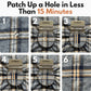 Step-by-step process of using Knipatch to patch up a hole in fabric.