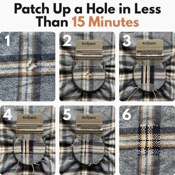 Step-by-step process of using Knipatch to patch up a hole in fabric.