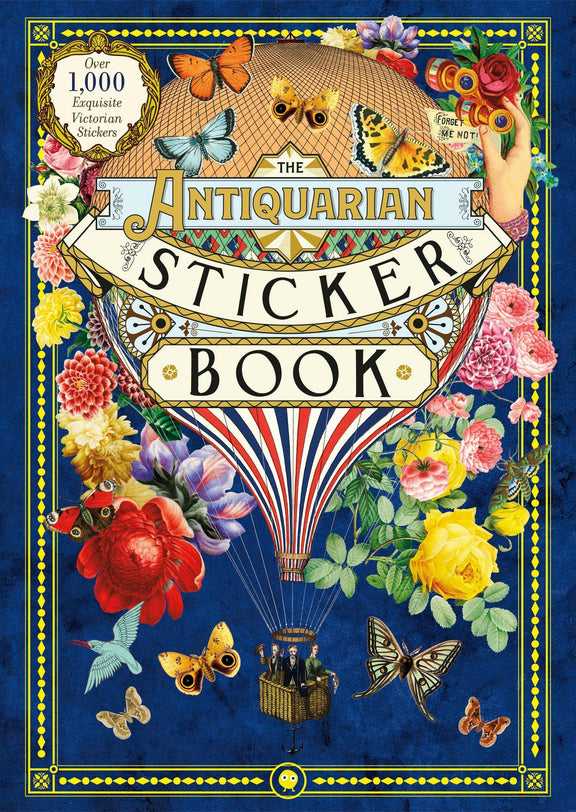 Cover of 'The Antiquarian Sticker Book' with Victorian-style illustrations and text.