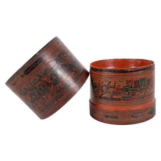 Cylinder shaped offering basket with lid and painted scenes, with lid off