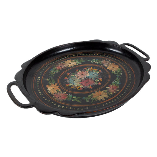 Black lacquerware tray with colorful painted flowers