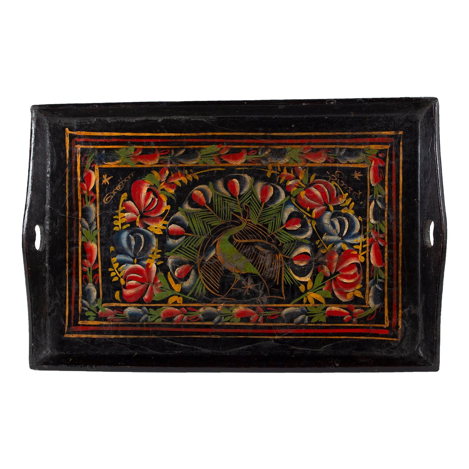 Black lacquerware tray with colorful painted peacock and flowers