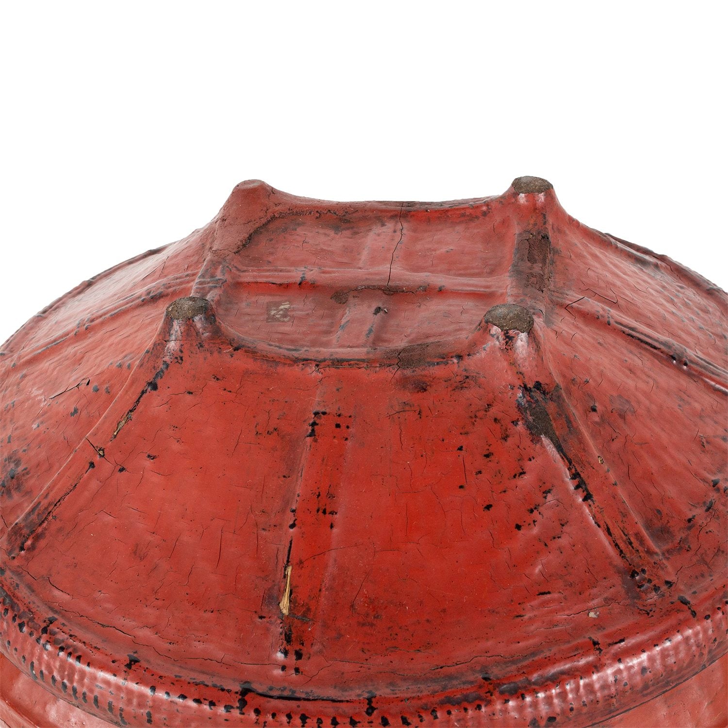 Round red offering basket with lid, close up