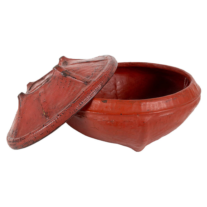 Round red offering basket with lid, with lid off
