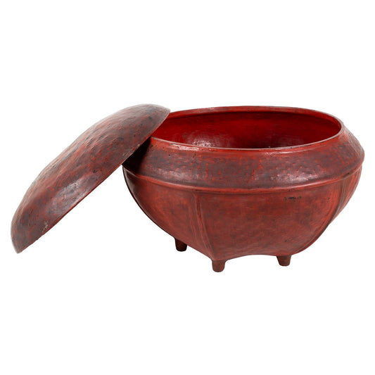 Round red lacquerware offering basket with lid, with lid off