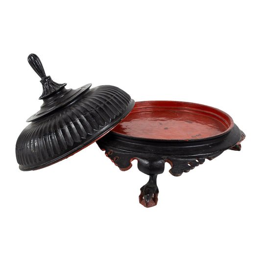 Black round lacquerware offering basket with lid and feet, with lid off