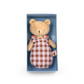 Teddy bear in a checkered dress with a house label inside a blue box on a white background