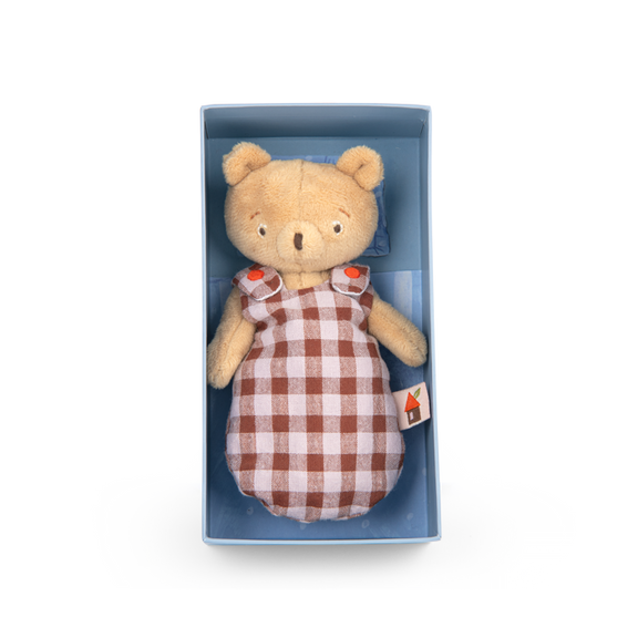 Teddy bear in a checkered dress with a house label inside a blue box on a white background