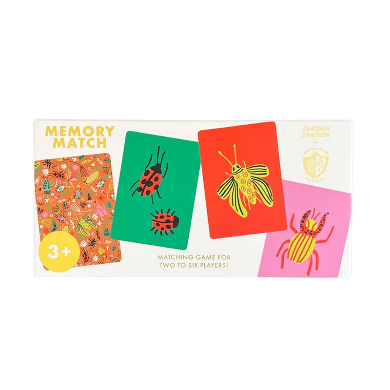 Memory match game packaging with colorful cards featuring insect designs on a white background.