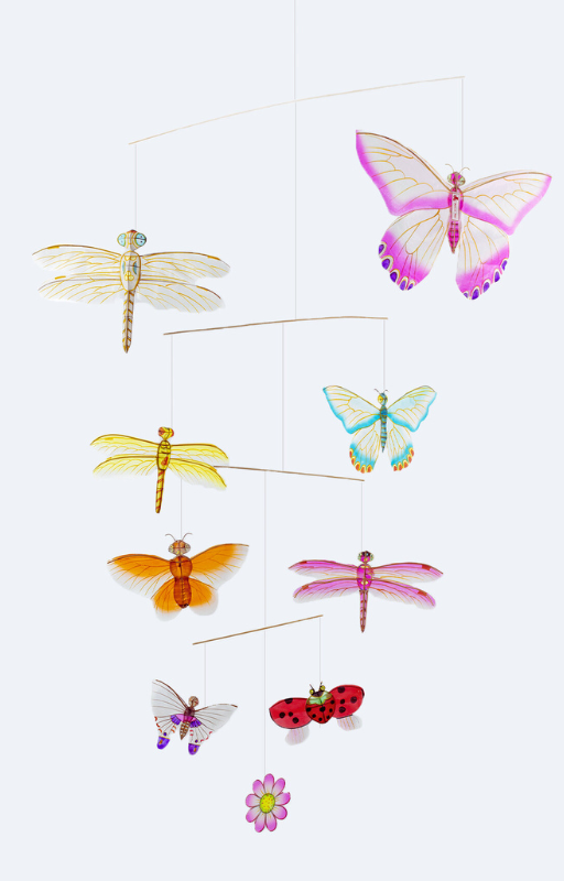 Colorful insect-themed mobile with butterflies, dragonflies, and ladybugs on a white background.
