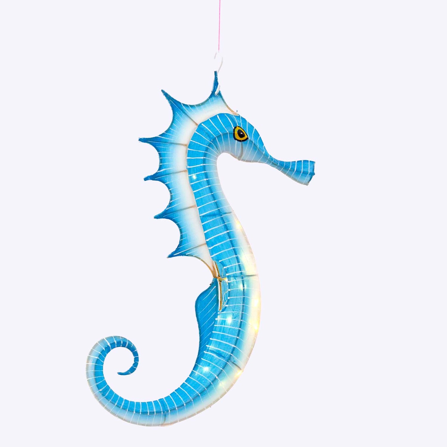 Blue seahorse-shaped air balloon on a white background