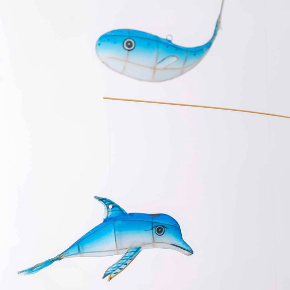 Two blue dolphins on a white background