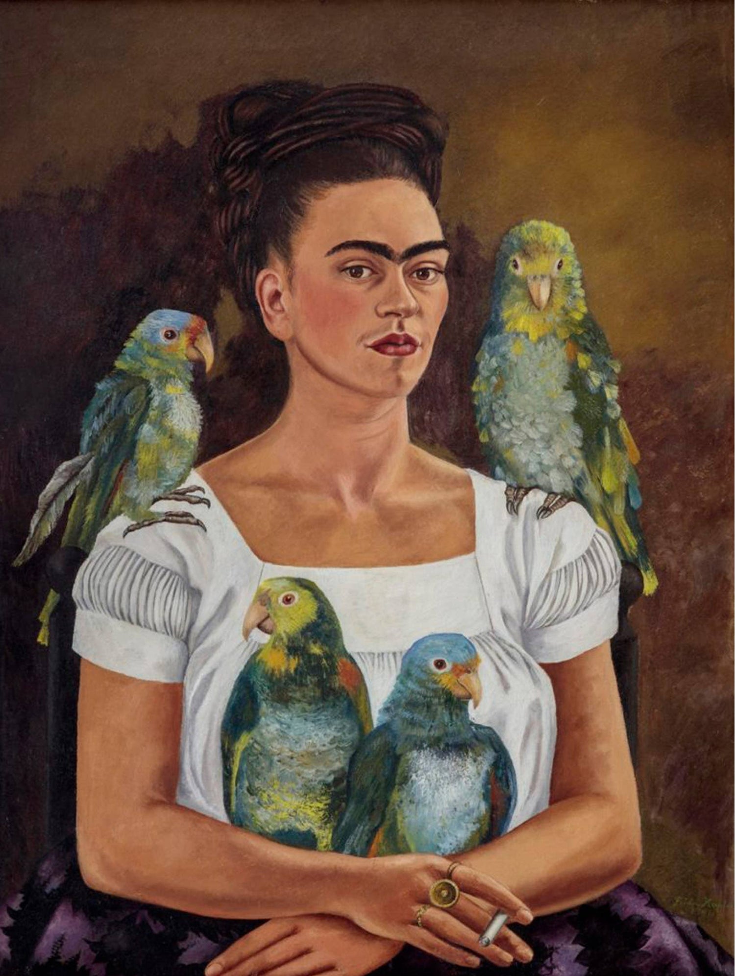 Frida Kahlo painting with parrots on a card and envelope set.