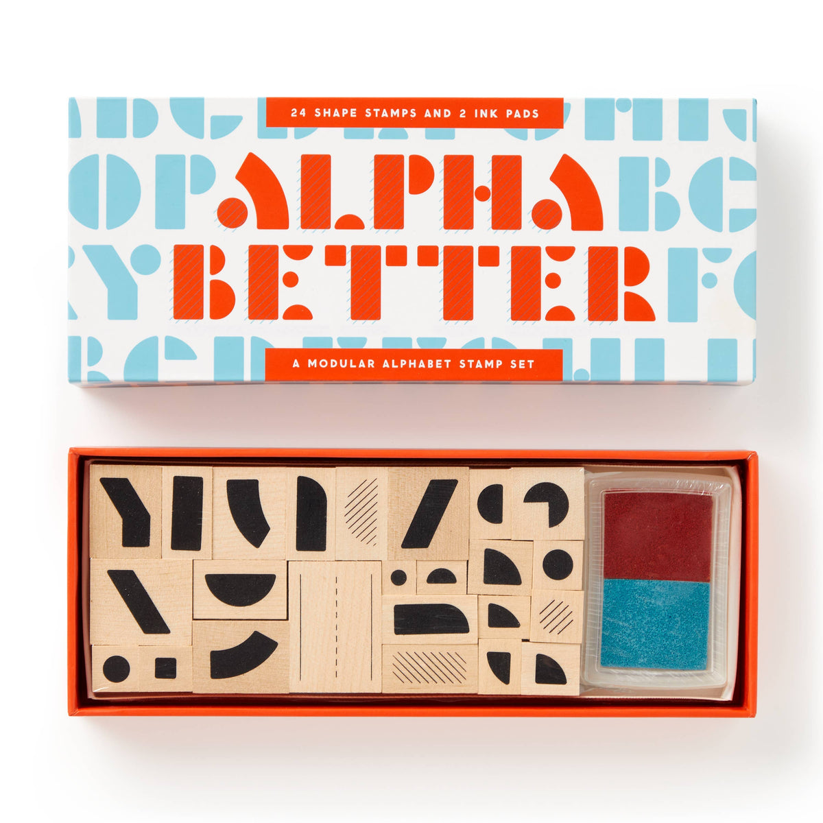 Alphabet stamp set with stamps and ink pads in a box, featuring colorful lettering on the packaging.