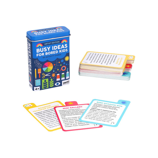 Box of 'Busy Ideas for Bored Kids' cards with some cards displayed on a white background
