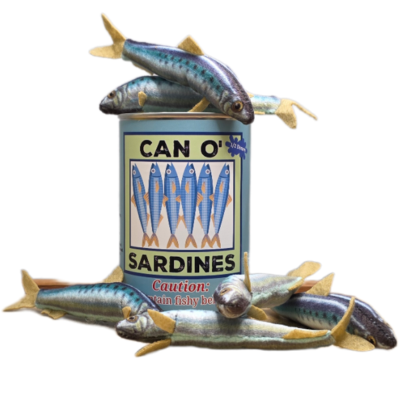 Can of sardines with toy sardines on a white background