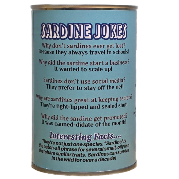 Can of sardine jokes with text on a light blue background