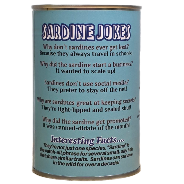 Can of sardine jokes with text on a light blue background