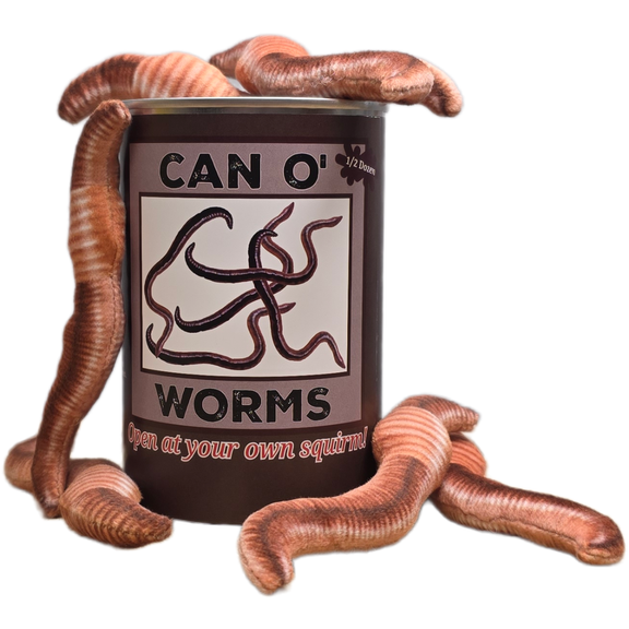 Can of worms with toy worms on a white background