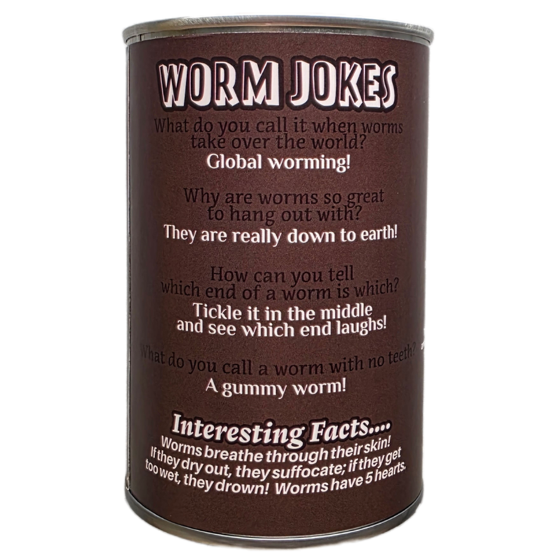 Can of 'Worm Jokes' with humorous text on a white background