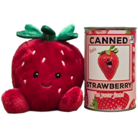 Plush strawberry toy next to a can of 'Canned Strawberry' on a white background