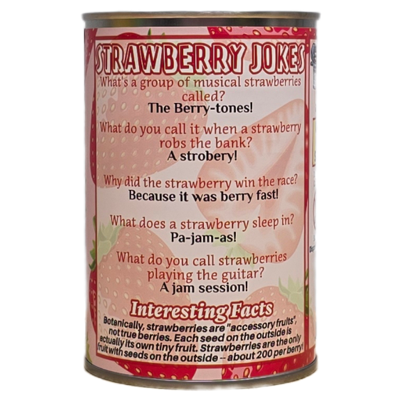 Can of strawberry jokes with humorous text on a white background