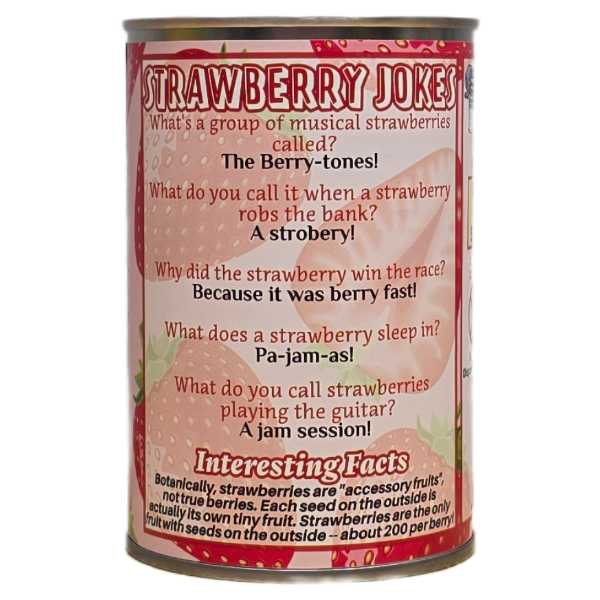 Can of strawberry jokes with humorous text on a white background