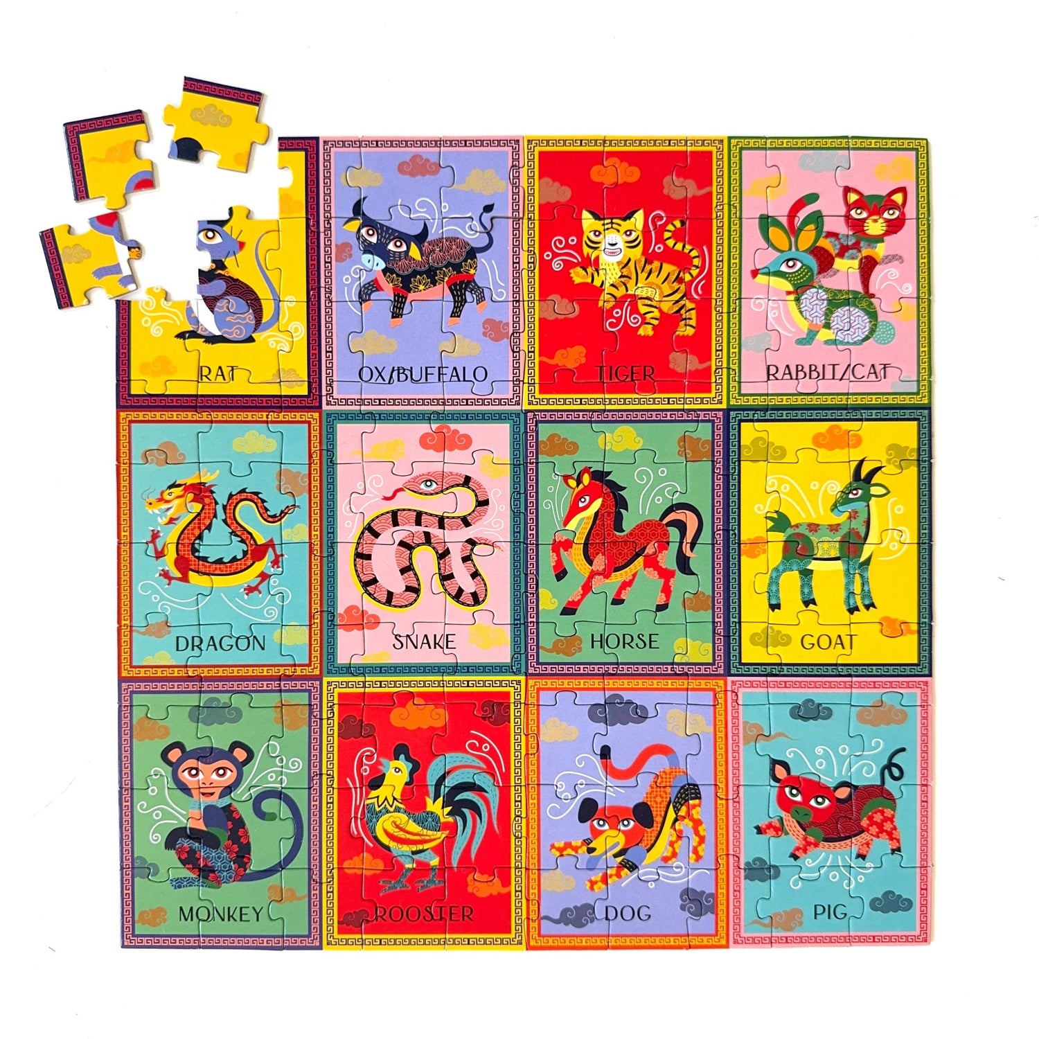 Set of 12 colorful animal-themed puzzles on a white background