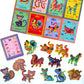 Set of colorful animal-themed puzzles and figures on a white background