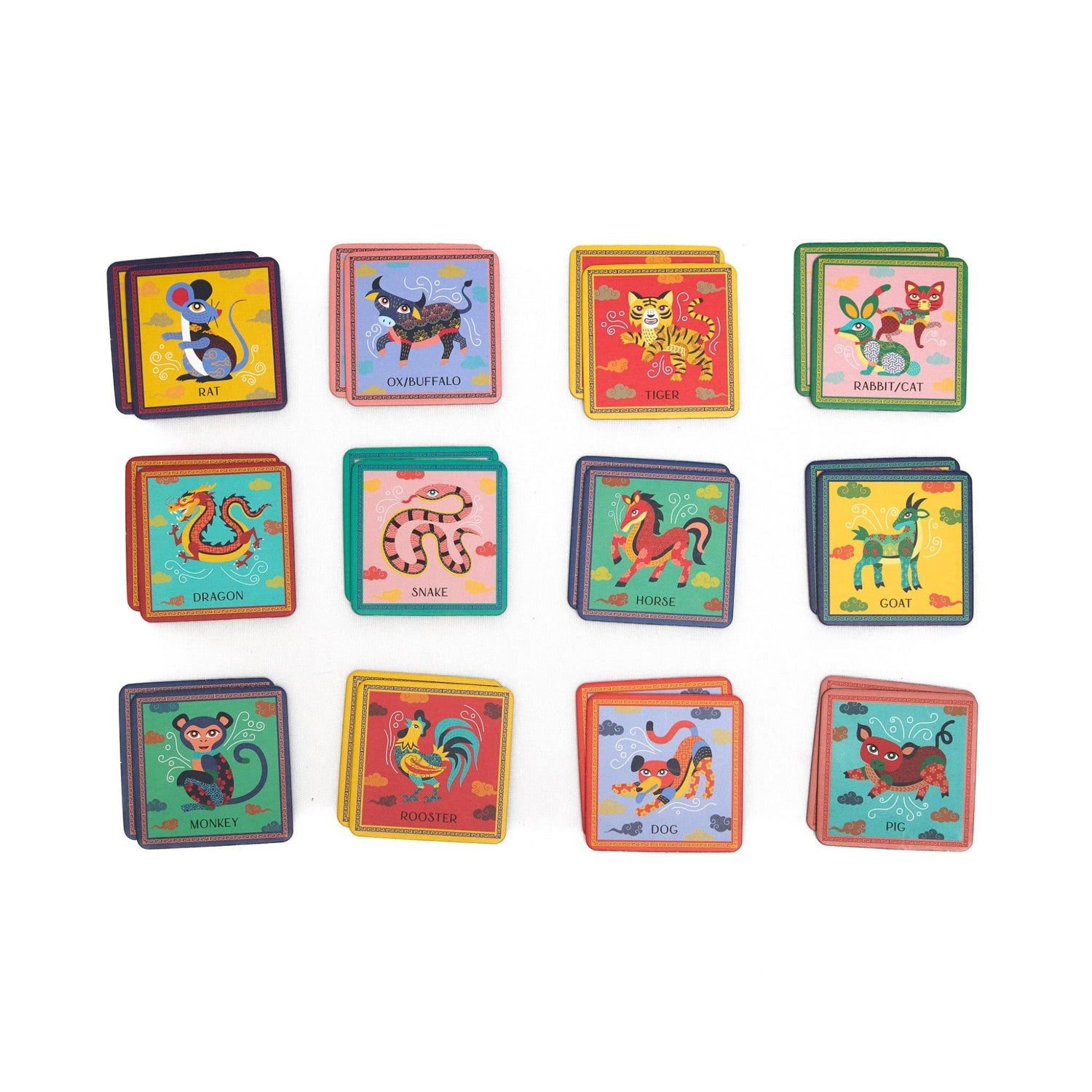 Set of colorful animal cards on a white background