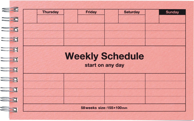 Weekly schedule planner with pink cover and black text