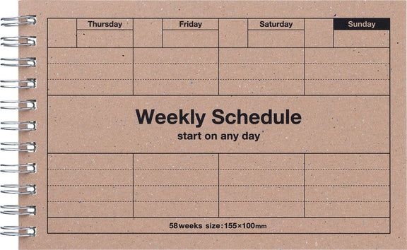 Weekly schedule planner with 'Start on any day' text on a brown background